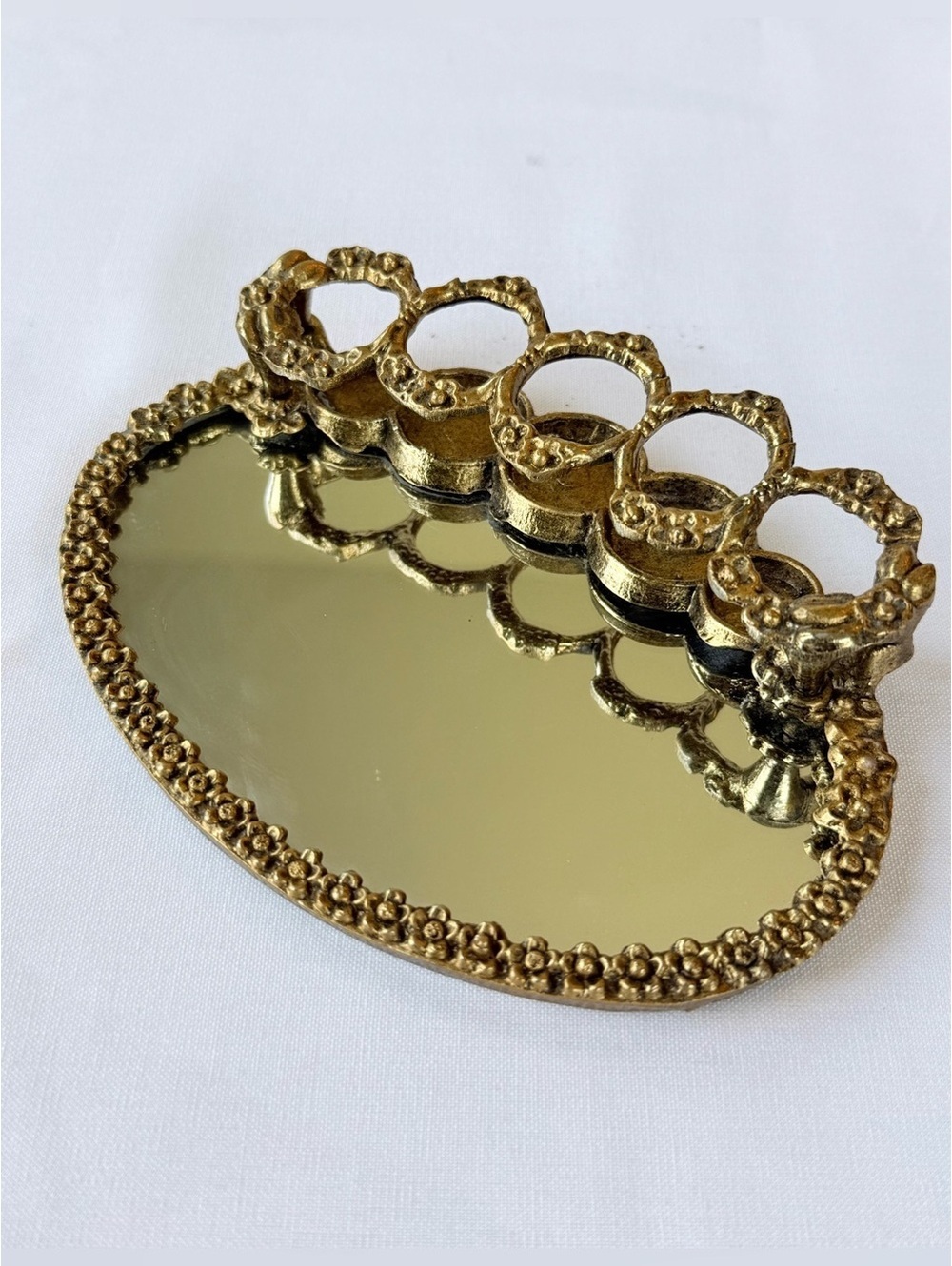 Vintage Gold Floral Lipstick Holder / Mirror Tray | Regency Cherub Makeup Holder
